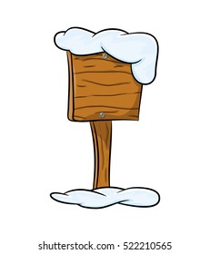 Empty wooden sign with snow cap and snow drifts isolated on white background with copy space for your text. Winter season layout for your design. Vector illustration