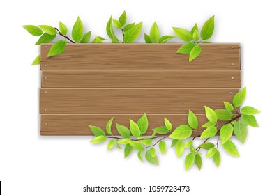 Empty wooden sign with space for text on a background of tree branches with green leaves. The template for a banner or an advertisement for a seasonal discount.