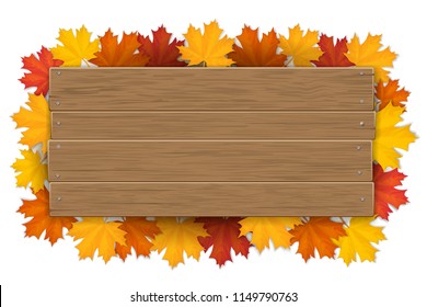 Empty wooden sign with space for text on a background of maple tree leaves. The template for a banner or an advertisement for a autumn seasonal discount.