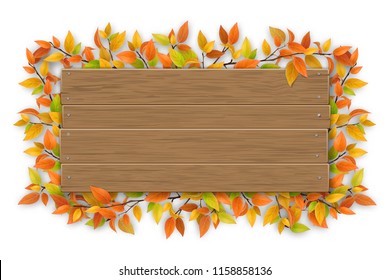 Empty wooden sign with space for text on a background of tree branches with autumn color leaves. The template for a banner or an advertisement for a seasonal discount.