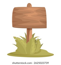 Empty wooden sign standing on a grass patch with leaves, perfect for adding your message or design