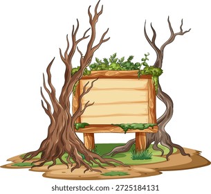 Empty wooden sign surrounded by gnarled trees, green moss, and foliage, vector illustration style