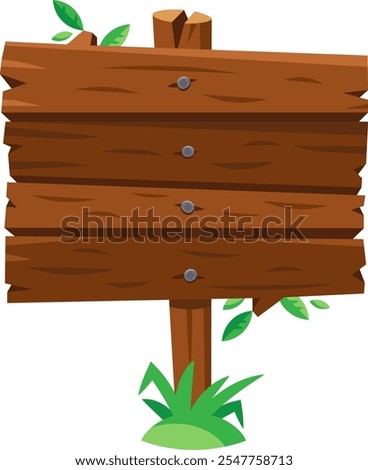 Empty wooden sign surrounded by grass and leaves, perfect for personalized messages in a rustic setting. Customize with text for outdoor communication needs