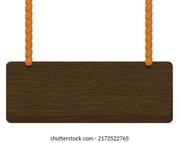 Empty wooden sign template with long cords in cartoon style, hanging from the top.