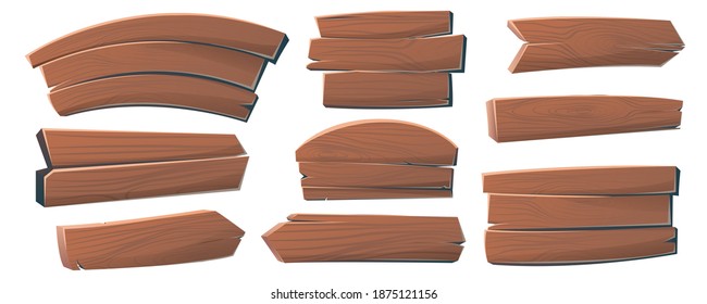 Empty wooden signboard. Wooden signs, arrows and pointers for games. Blank, transparent isolated wooden boards. Can be used for old signposts. Vector illustration