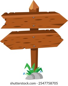 Empty wooden signpost with two arrows pointing in opposite directions, fixed on a wooden pole and surrounded by grass and rocks, isolated on white