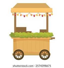 Empty wooden street food cart decorated with garland and lightbulbs, waiting for the street market