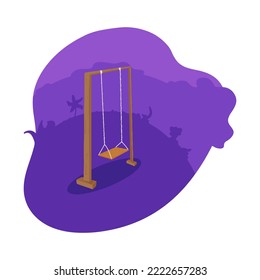 An empty wooden swing that was not used stood on the wide ground in the dark night