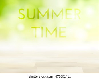 Empty wooden table with blurred city park on background. vector illustration. Empty table template for product mock ups.