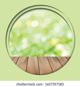 Empty wooden  table and blurred garden bokeh background. vector illustration.