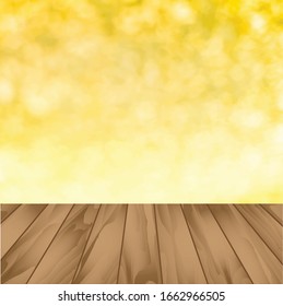 Mesa de madera vacía y fondo de jardín borroso. ilustración vectorial.