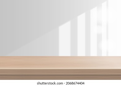 Empty wooden table front view in white office room modern. The sunlight shining through the freckles will reflect on the wall. Used for display branding or montage products. Realistic 3D vector.