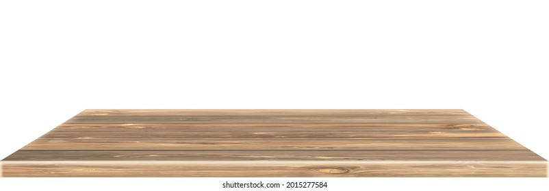 Empty wooden table isolated on white background, of free space for your copy and branding. Use as products display montage. Vintage style concept. Vector EPS 10