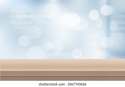 Empty wooden table in office white blur abstract background. For your copy branding. Used for display or montage products. Modern style wood table white concept. Realistic 3d vector illustration. 
