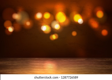 Empty wooden table on warm brown bokeh lights background. Christmas, thanksgiving day holiday background. Vector festive illustration