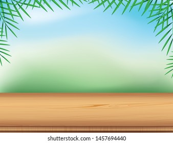 Empty wooden table with palm leaf on blurred nature background.