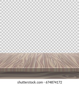 Empty wooden table for product placement or montage with focus to the table top, with isolated white background. Vector illustration