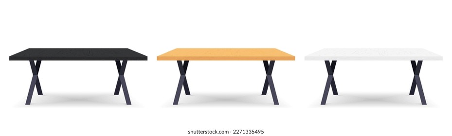 Empty wooden table set. Rectangular shaped wood tables with shadow. Black, brown, white timber collection. Template design for presentation, living or dining rooms, kitchen. Vector illustration