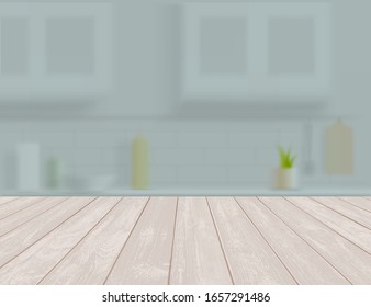 Empty Wooden Table Or Shelf In The Kitchen. Textured Backdrop. Vector Illustration.