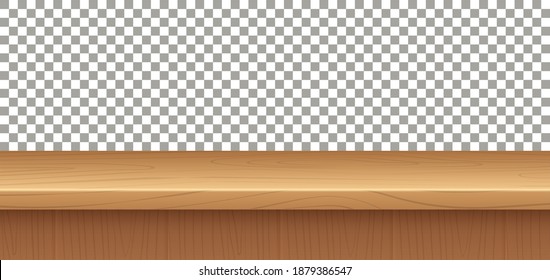 Empty Wooden Table. Side View On Desk. Textured Natural Surface. Blank Mockup On Transparent Background. Interior Element, Home Or Office Furniture. Desktop For Product Presentation, Vector Template