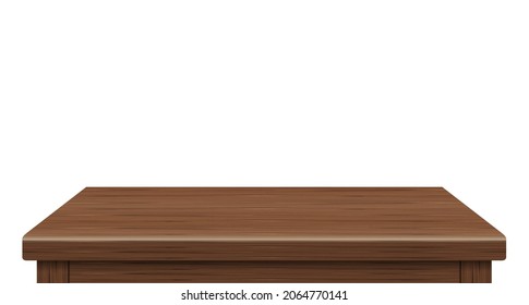 Empty wooden table side view of free space, For your copy branding. Used for display or montage products. Vintage style concept. Wood brown realistic surface isolated on white background. 3D Vector.