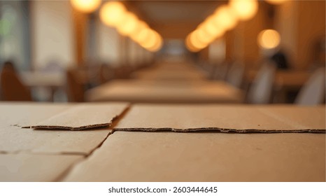 Empty wooden table top with lamp on restaurant background along with blurry tables and benches.top view