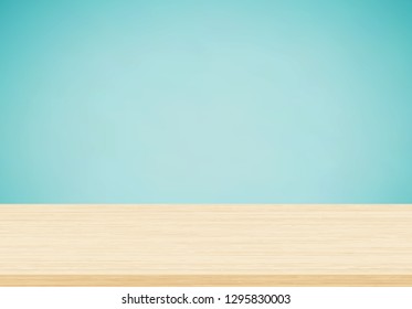 Empty wooden table top on blue background, Template mock up for display of product