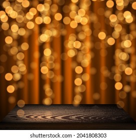 Encima vacía de una mesa de madera con luces de color naranja. Ilustración vectorial de vacaciones.