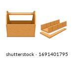 Empty wooden toolbox. Carpenter tool. Wooden miter box and try square. Woodworking tools. Mitre box with wooden setsquare closeup. Vector illustration isolated on white background.
