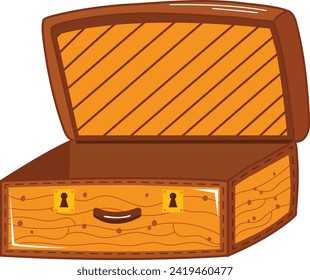 Empty wooden treasure chest open, cartoon style. Treasure box with golden locks and striped interior, no content.