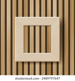 Empty Wooden Wall Frame Mockup Template. Vector Realistic wide wood picture frame with shadow on wooden plank wall background. Interior mockup for poster, banner, photo gallery, presentation, painting