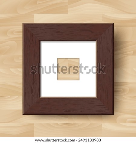 Empty Wooden Wall Frame Mockup Template. Vector Realistic black wide wood picture frame with shadow on wooden wall background. Interior mockup for poster, banner, photo gallery, presentation, painting