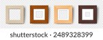 Empty Wooden Wall Frames set. Vector Realistic wide wood picture frame mockup template with shadow on transparent background. Natural mockup for poster, banner, photo gallery, painting, presentation.