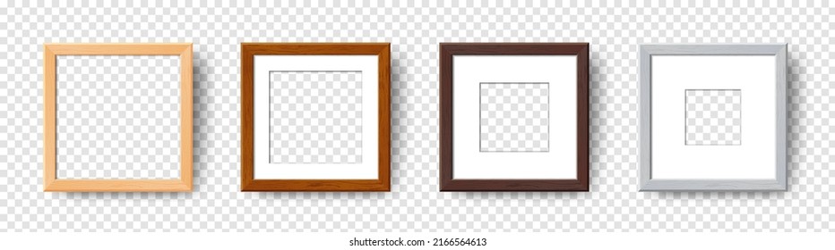 Juego de marcos de pared de madera vacío. Vector Modelo de simulación de cuadro de imagen de madera realista con sombra sobre fondo transparente. Colgador de afiches, pancartas, galería de fotos, pintura, presentación.
