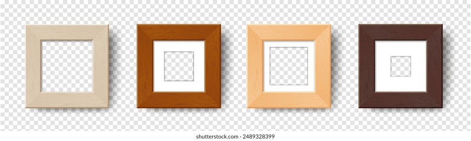 Empty Wooden Wall Frames set. Vector Realistic wide wood picture frame mockup template with shadow on transparent background. Natural mockup for poster, banner, photo gallery, painting, presentation.