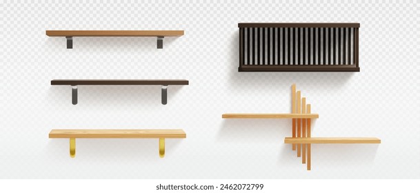 Empty wooden wall shelf. 3d isolated wood rack. Bookshelf for library interior or modern gallery mockup. Home or store storage furniture set with brown texture. Oak office stand template collection