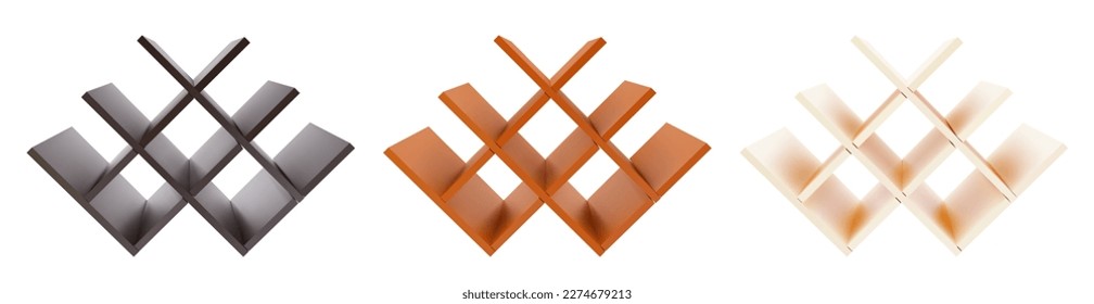 Empty wooden wine rack or bottle shelves isolated on white set in beige, brown and black color. Realistic 3d mockup. Shop, gallery showcase to present product. Storage space. Interior design furniture
