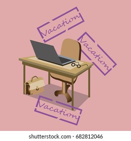 Empty Workplace in the Absence of the Office Worker, Whom Vacation is. Vector illustration