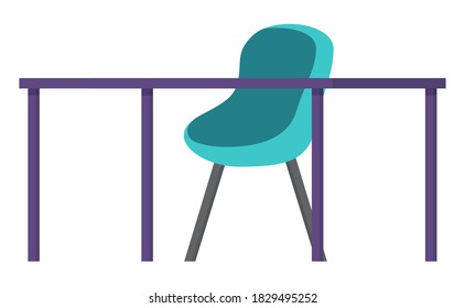 Empty workplace with chair and table isolated. Vector cartoon style piece of furniture, stylish visualization of place for work in flat style, blue seat