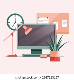 Empty workplace with computer. Cosy workspace interior. Work from home, freelance or studying. Home office concept with monitor on table, lamp, homeplant, memo board with notes and wall clock