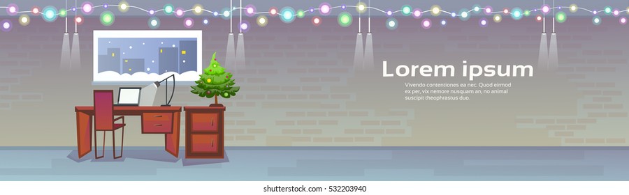 Empty Workplace Decorated New Year Celebration Desk Workspace Office Interior No People Flat Vector Illustration