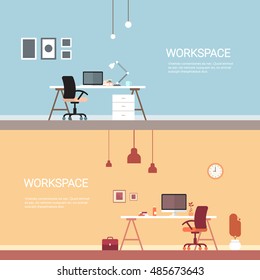 Empty Workplace, Desk Chair Computer Workspace Office No People Flat Vector Illustration