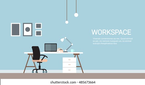 Empty Workplace, Desk Chair Computer Workspace Office No People Flat Vector Illustration