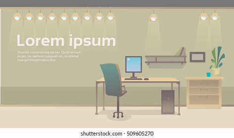 Empty Workplace Desk Chair Computer Workspace Office Interior No People Flat Vector Illustration