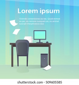 Empty Workplace Desk Chair Computer Workspace Office Interior No People Flat Vector Illustration