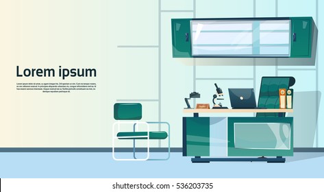 Empty Workplace, Desk Chair Computer Workspace Office No People Flat Vector Illustration