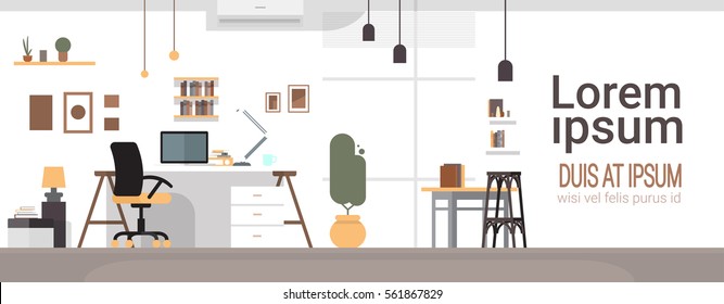 Empty Workplace, Desk Chair Computer Workspace Office No People Flat Vector Illustration