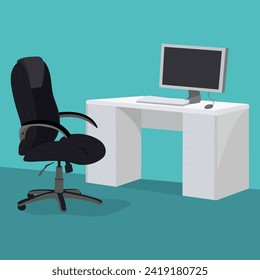 Lugar de trabajo vacío, escritorio y silla, ilustración vectorial