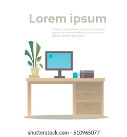 Empty Workplace Desk Computer Workspace Office Interior No People Flat Vector Illustration