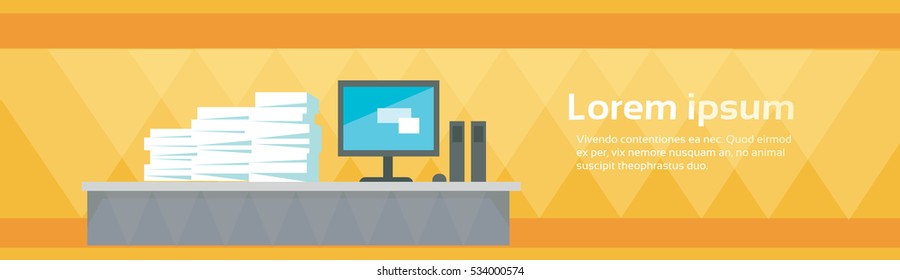 Empty Workplace Desk Computer Workspace Office Interior No People Flat Vector Illustration